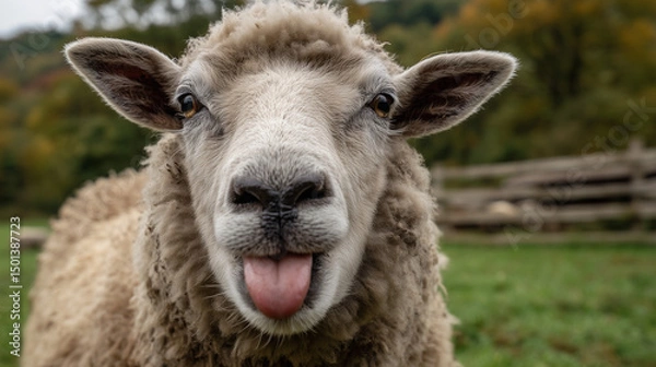 Fototapeta Sheep playfully sticking out its tongue, a moment of lighthearted charm.