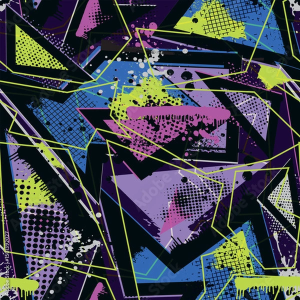 Fototapeta Abstract seamless geometric pattern. Grunge urban repeated backdrop for textile, wrapping paper. Lines elements, triangles, arrows in bright blue, green, black colors.