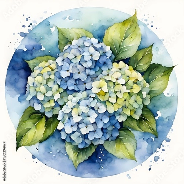 Fototapeta Watercolor painting with a bouquet of hydrangea flowers in a circle.