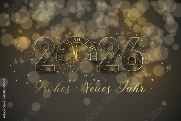 Fototapeta Karte oder Banner, um ein frohes neues Jahr 2026 in Schwarz und Gold mit Glitzer zu wünschen. Die 0 ist eine Uhr auf schwarzem Hintergrund mit Kreisen im Bokeh-Effekt