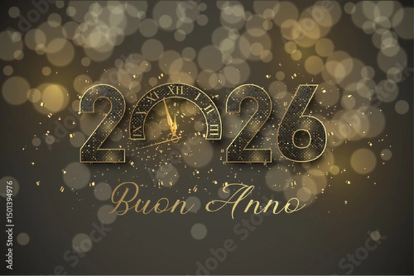 Fototapeta biglietto o striscione per augurare un felice anno nuovo 2026 in nero e oro con glitter lo 0 è un orologio su uno sfondo nero con cerchi in effetto bokeh