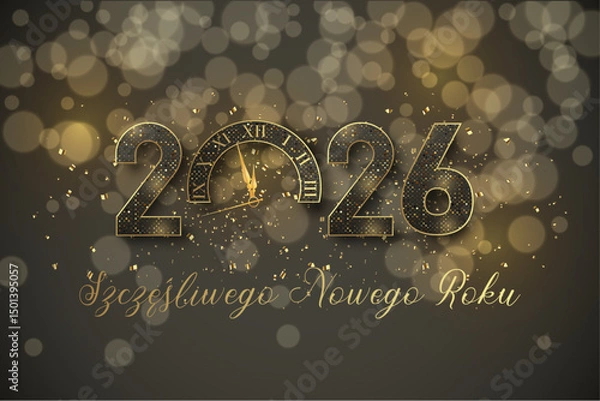 Fototapeta kartka lub baner z życzeniami szczęśliwego nowego roku 2026 w kolorze czarnym i złotym z brokatem 0 to zegar na czarnym tle z okręgami w efekcie bokeh
