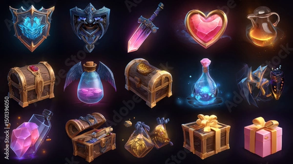 Fototapeta Set of game icons, shield, sword, lightning flash and heart, golden cup, magic potion flasks, gold key and treasure chest. Cartoon 3d ui flag, gift box, bomb and money bills, hourglass and brilliant