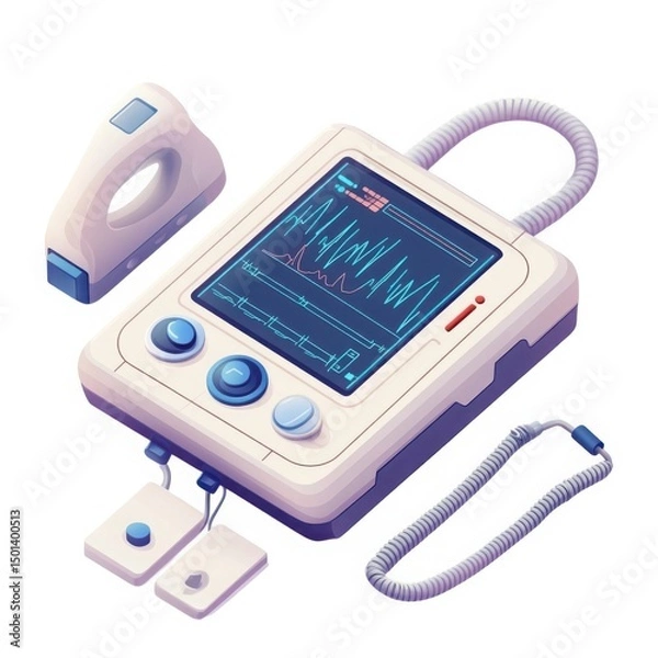 Fototapeta Portable ecg machine with sensors isolated on white background