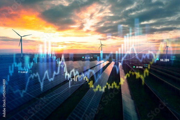 Fototapeta Increase in electricity prices on the world market. Green energy in full development.Investment finance chart,stock market business and exchange financial growth graph.	
