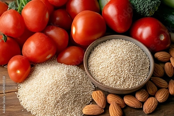 Obraz A quinoa, almonds, vegetables, wooden table. Generative AI