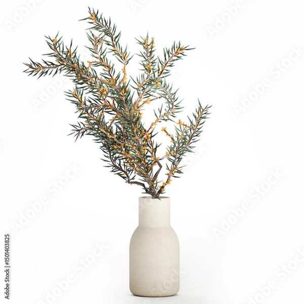 Fototapeta 3D illustration Small Minimalistic Bouquet Vase Olive Branches isolated on white background