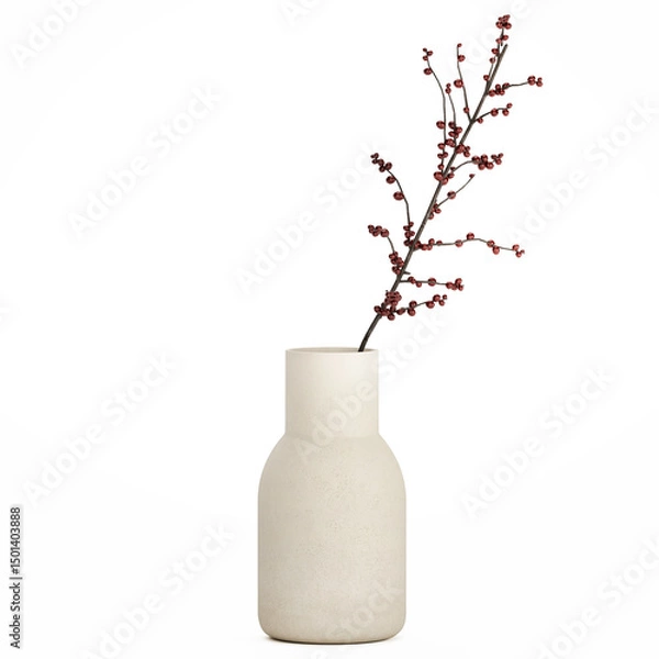 Fototapeta 3D illustration Lush beautiful bouquet of branches with red berries in a modern glass vase branches of ilex isolated on white background