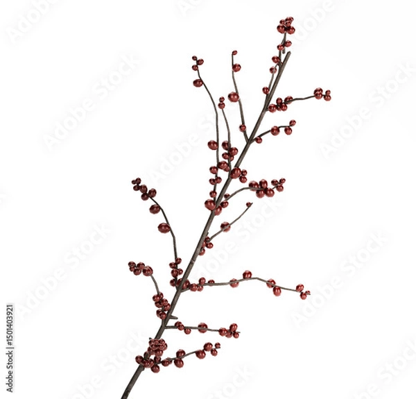 Fototapeta 3D illustration Lush beautiful bouquet of branches with red berries in a modern glass vase branches of ilex isolated on white background