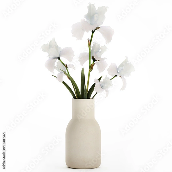 Fototapeta 3D illustration Beautiful Bouquet In Glass Vase With Flowers Iris isolated on white background