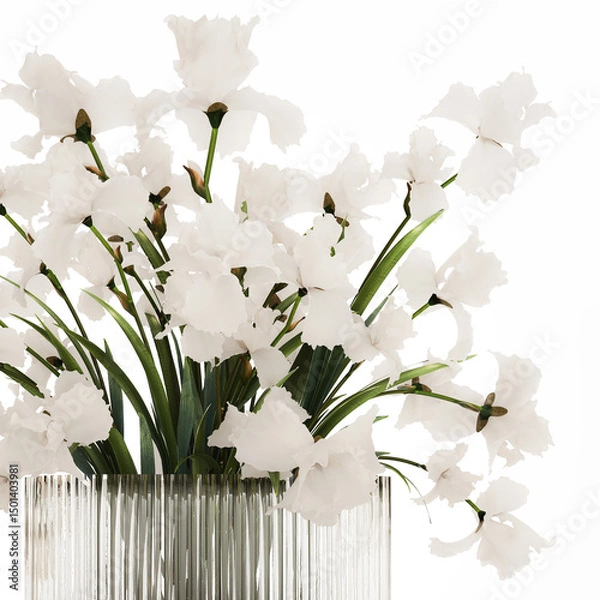 Fototapeta 3D illustration Beautiful Bouquet In Glass Vase With Flowers Iris isolated on white background