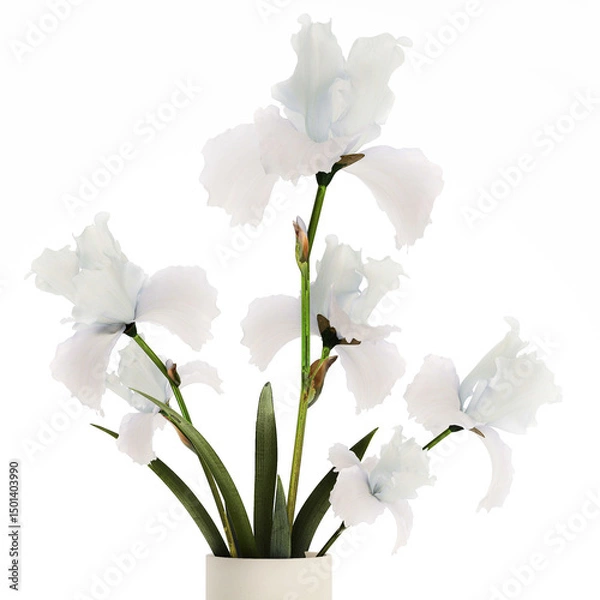 Fototapeta 3D illustration Beautiful Bouquet In Glass Vase With Flowers Iris isolated on white background