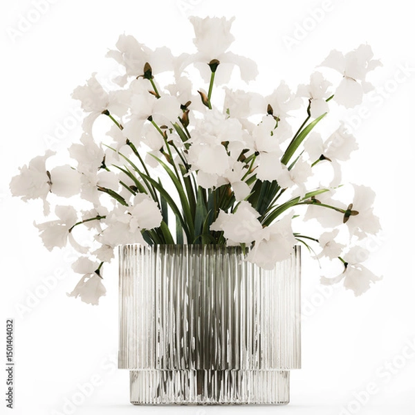 Fototapeta 3D illustration Beautiful Bouquet In Glass Vase With Flowers Iris isolated on white background