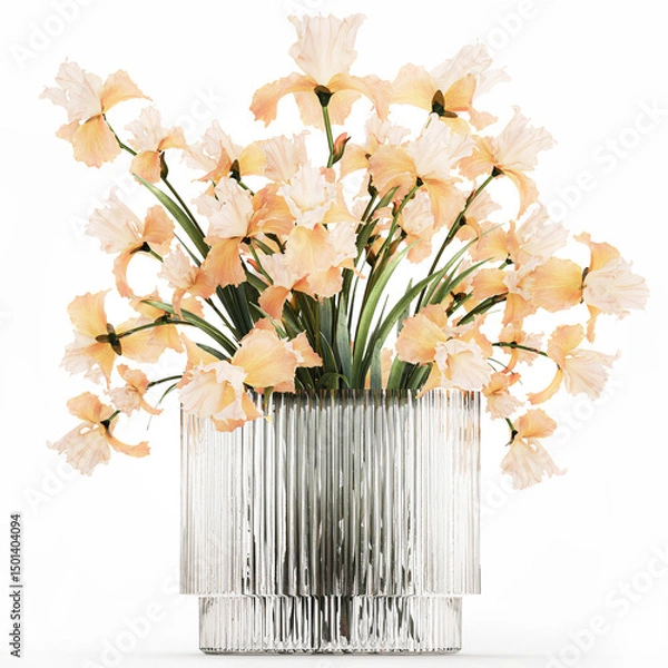 Fototapeta 3D illustration Beautiful Bouquet In Glass Vase With Flowers Iris isolated on white background