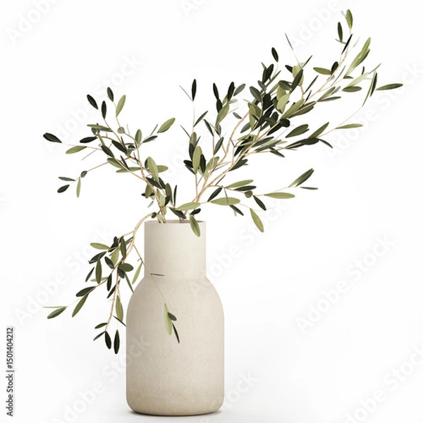 Fototapeta 3D illustration Small Minimalistic Bouquet Vase Olive Branches isolated on white background