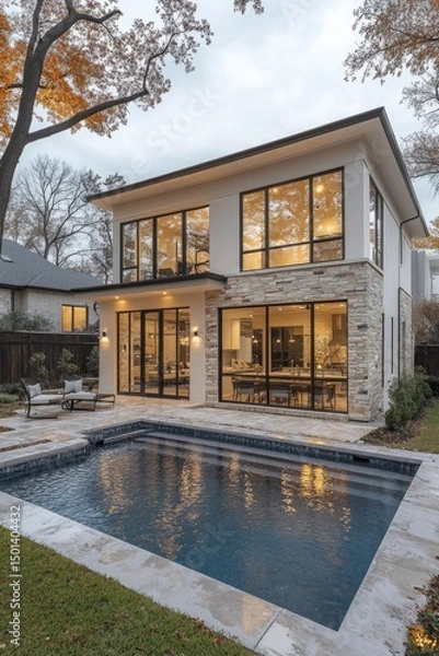 Fototapeta Modern home exterior with pool and patio area at dusk.