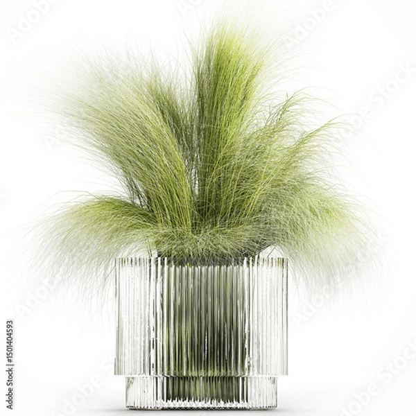 Fototapeta 3D illustration Lush beautiful bouquet of cherry blossom branches with green leaves in a modern glass vase sakura flowers isolated on white background