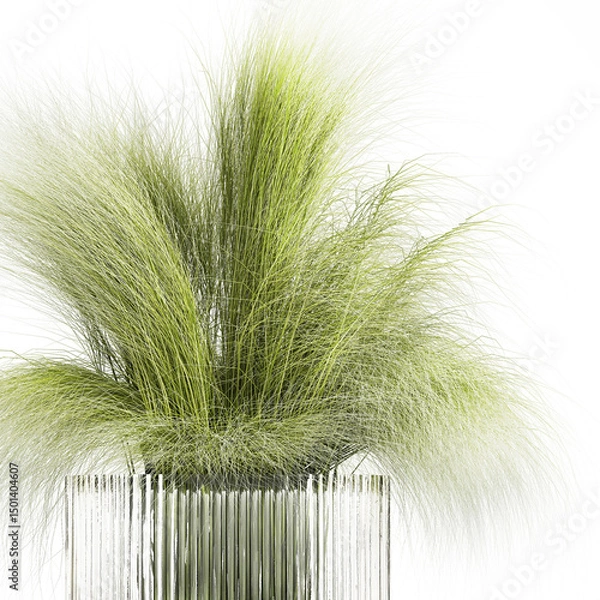 Fototapeta 3D illustration Lush beautiful bouquet of cherry blossom branches with green leaves in a modern glass vase sakura flowers isolated on white background
