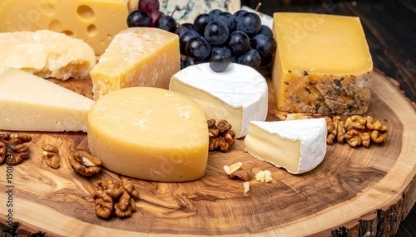 Fototapeta Rustic Cheese and Grape Arrangement on a Wooden Board