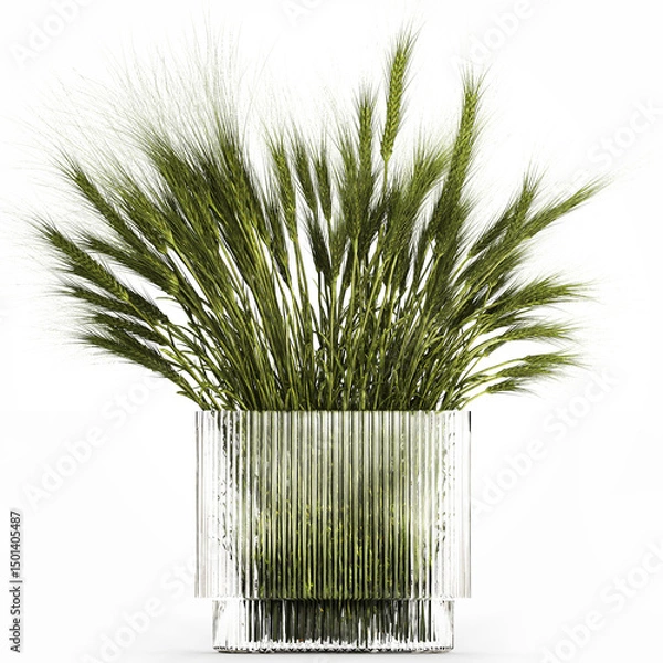 Fototapeta 3D illustration Beautiful summer designer bouquet of wild flowers in a modern glass vase with wheat tufts isolated on white background