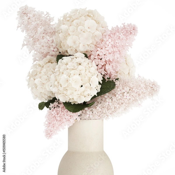Fototapeta 3D illustration Beautiful white bouquet vase branches of hydrangea lilac isolated on white background
