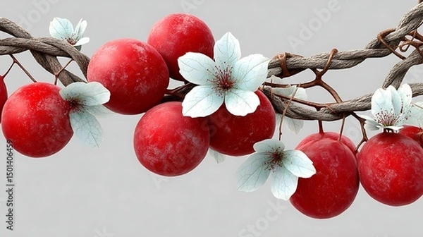 Fototapeta Red Plums and White Flowers on a Twig Branch Arrangement