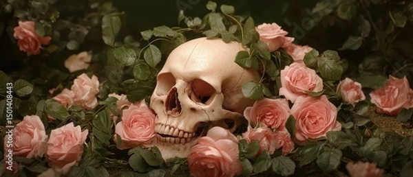 Fototapeta Skull among pale pink roses