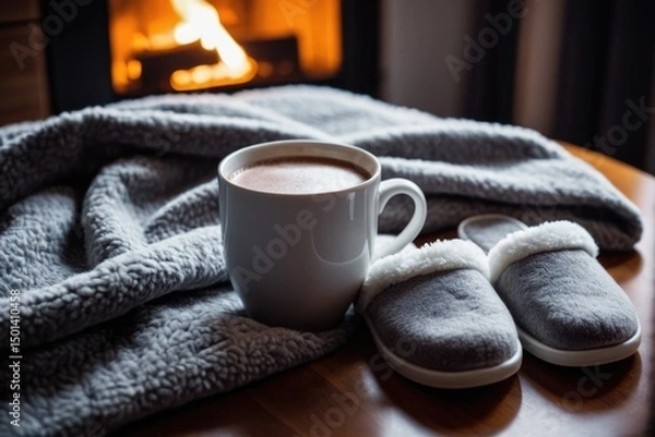 Obraz A cup of coffee and a pair of slippers on a table