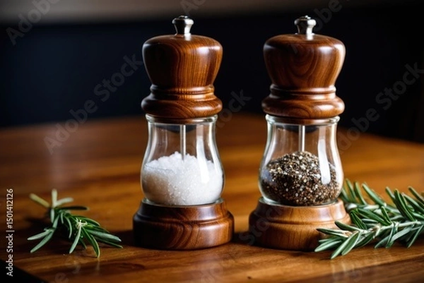 Obraz A pair of vintage-style salt and pepper shakers on a wooden table, perfect for rustic or farmhouse-themed settings