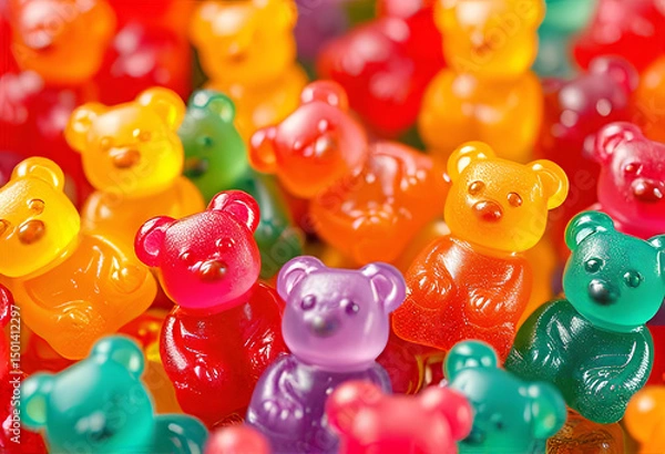 Fototapeta Colorful gummy bear candies in various vibrant hues, close-up view. Bright and playful background perfect for sweet-themed designs, candy packaging, or children’s content