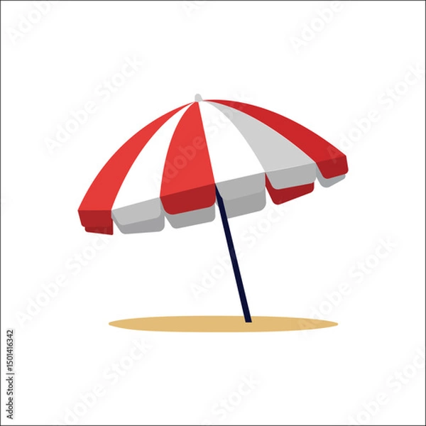 Fototapeta Flat vector icon of a red and white beach umbrella on sandy ground, isolated on white background, symbolizing summer, vacation, holiday, and beach concepts.

