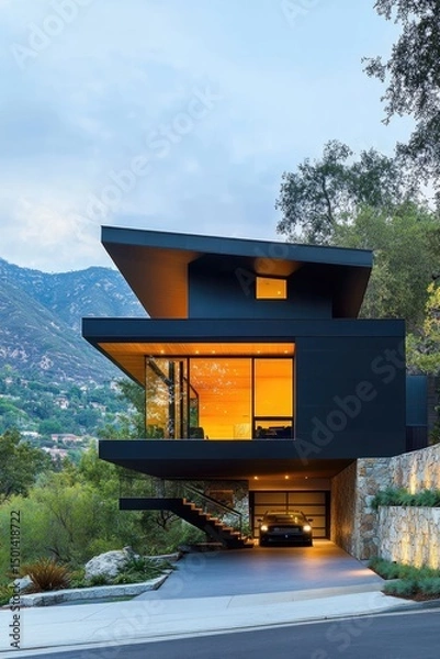 Obraz Modern, contemporary house design with a dramatic, elevated garage.