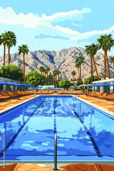 Obraz Outdoor pool area with mountain backdrop view.