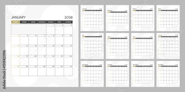 Obraz Monthly calendar square planner schedule for 2026 year. Week Starts on Sunday