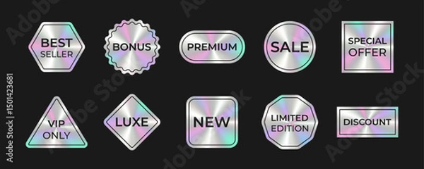 Obraz Holographic gradient text labels. Iridescent metallic promo badge set with text for promotions, marketing design stickers. 