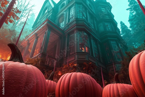Obraz A haunted house with pumpkins in a spooky forest