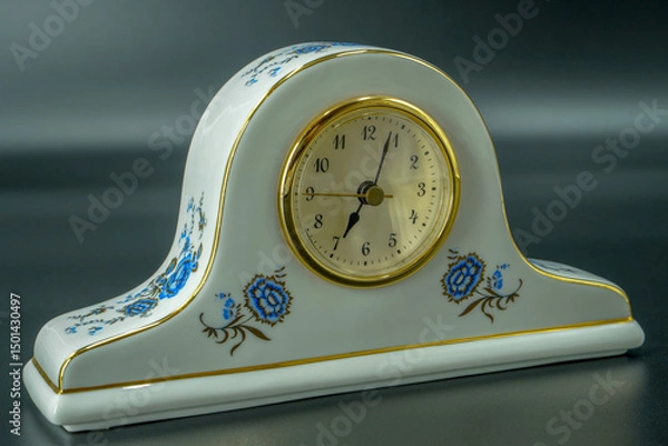 Fototapeta White alarm clock With freshly colored floral backdrop, blurred backdrop.

