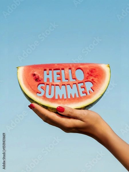 Obraz Hello Summer greeting text artfully cut out from a juicy watermelon.  A woman's hand gently holds  a slice of watermelon. Blue sky background. 