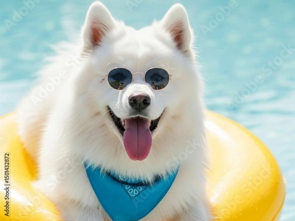 Fototapeta Happy Dog at the Pool on a Summer Vacation