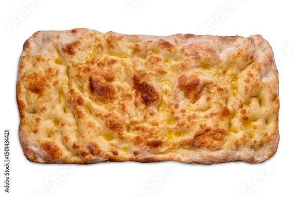 Obraz Flatbread focaccia or crushed flat bread with olive oil, isolated on white in top view