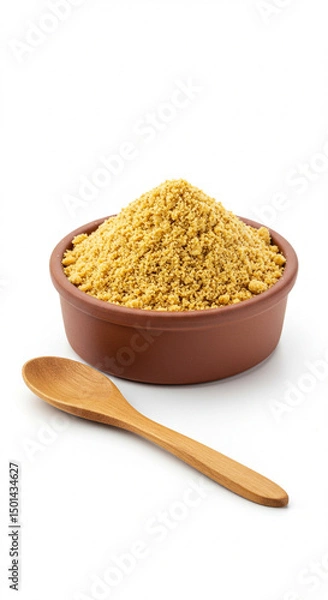 Fototapeta Brazilian farofa with eggs and onion, top view, isolated on white background