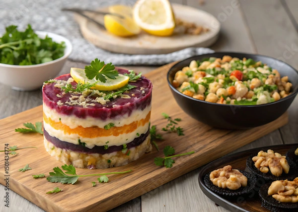 Fototapeta Colorful layered salad with vegetables and herbs – Ensalada por capas coloridas con vegetales y hierbas

