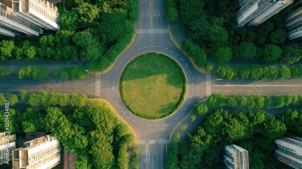 Obraz Aerial View of Green Roundabout Surrounded by Urban Landscape and Roads