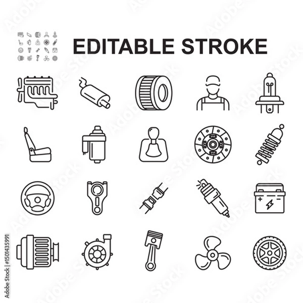 Fototapeta Car parts icon set. Thin line style vector. Contains icons such as car engine, car seat, clutch lining and more.