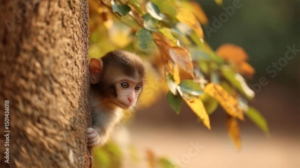 Obraz Cute Young Monkey Exploring Nature Among Vibrant Autumn Leaves on Tree