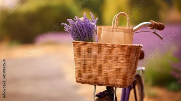 Obraz Bicycle with Lavender Bouquet and Paper Bag on a Scenic Pathway