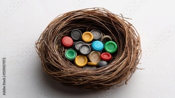 Obraz Colorful Plastic Bottle Caps Nestled in a Natural Twigs Nest