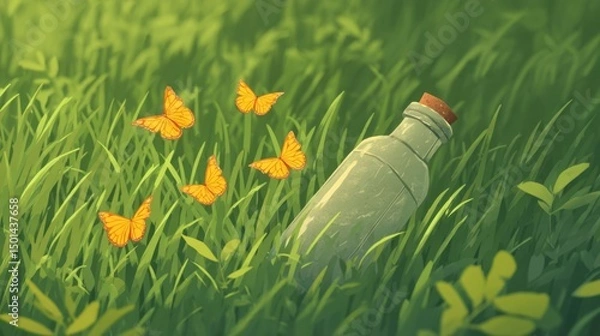 Obraz Glass bottle among vibrant grass and lively butterflies in serene nature