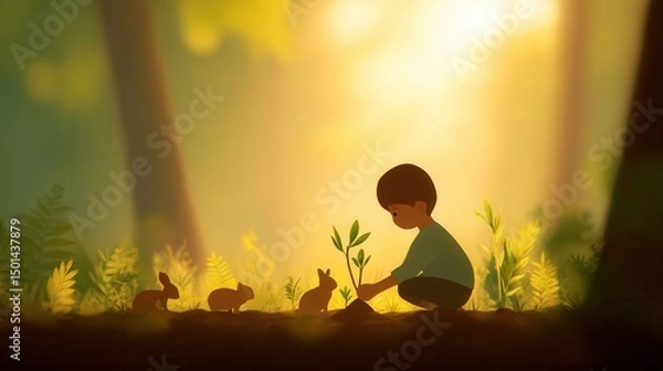 Obraz Boy Planting Seedling Surrounded by Cute Rabbits in Enchanted Forest