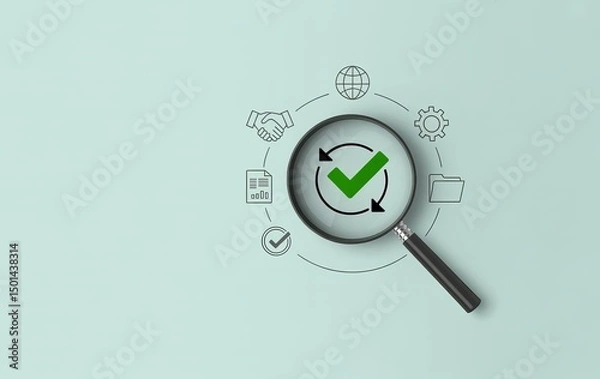 Fototapeta Minimalist Business Concept with Magnifying Glass Highlighting Green Checkmark and Workflow Icons on Light Background